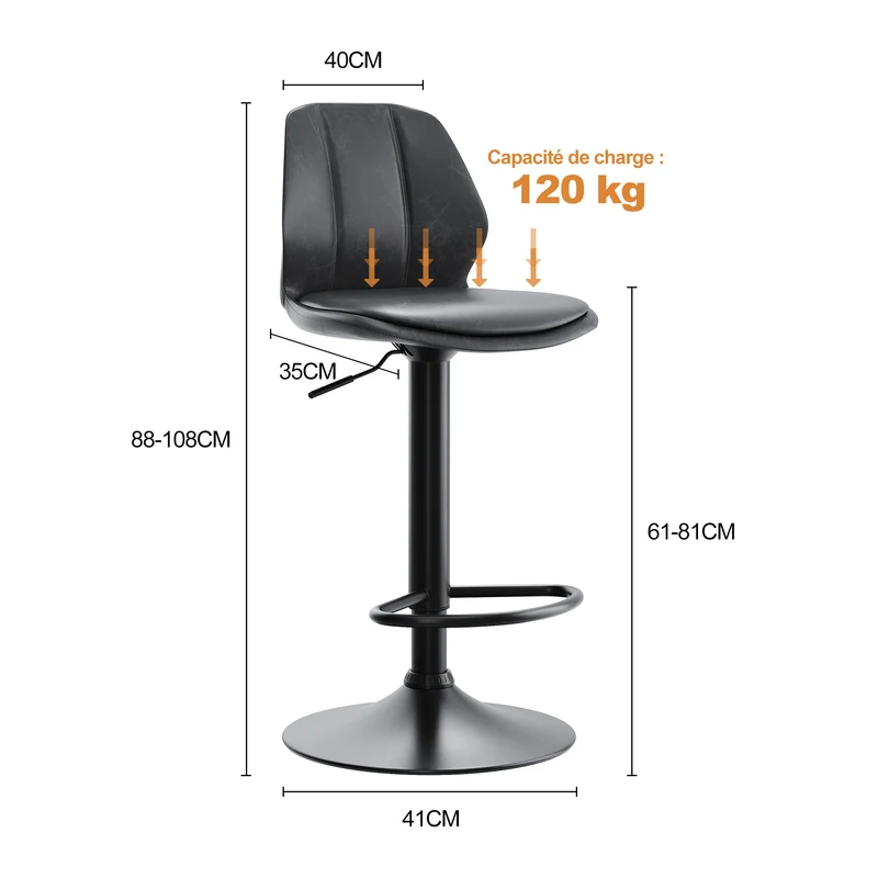 SIRHONA Lot de 2 Tabourets de Bar Chaise avec Dossier et Repose pieds Style modern Gris siège Noire base