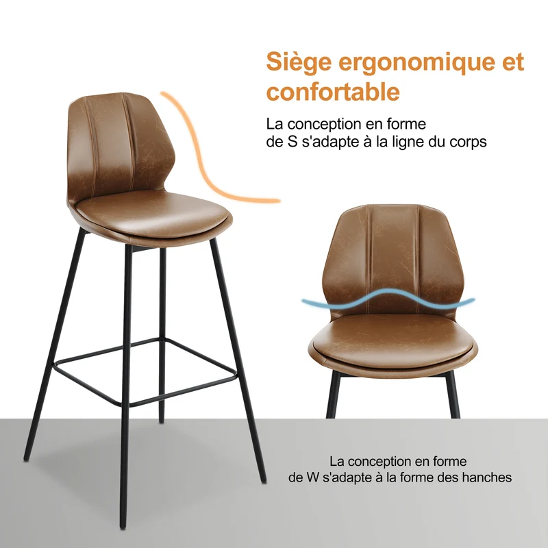 SIRHONA Lot de 2 Tabourets de Bar Chaise avec Dossier et Repose-pieds Style modern Marron siège Noire base