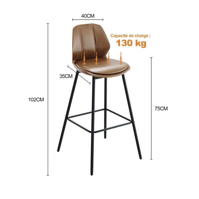 SIRHONA Lot de 2 Tabourets de Bar Chaise avec Dossier et Repose-pieds Style modern Marron siège Noire base