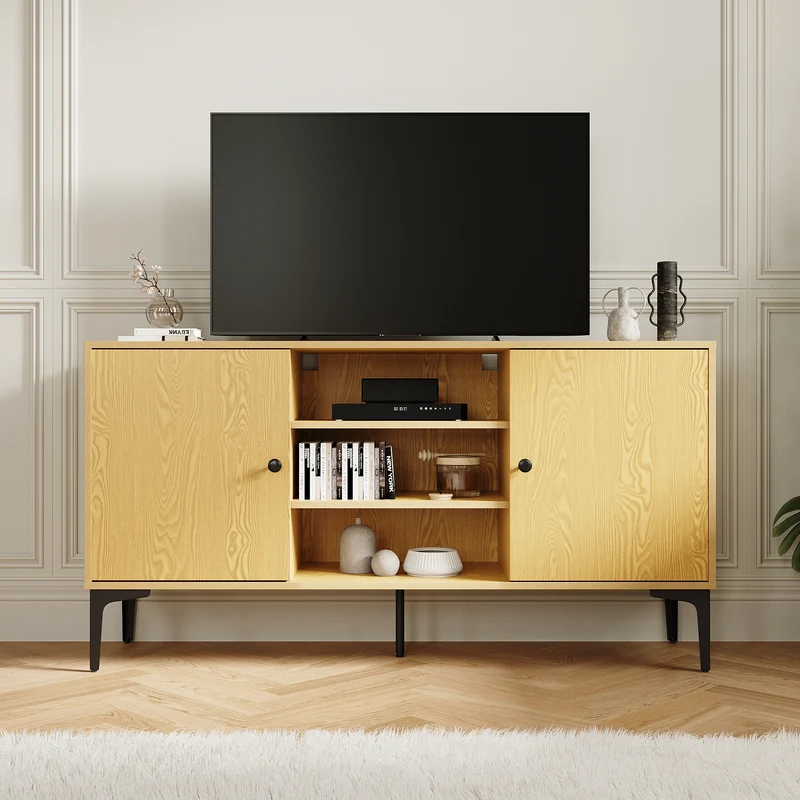 SIRHONA Meuble TV Support télévision Meuble TV style moderne avec porte battante meuble TV couleur imitation bois 140x35x70 cm