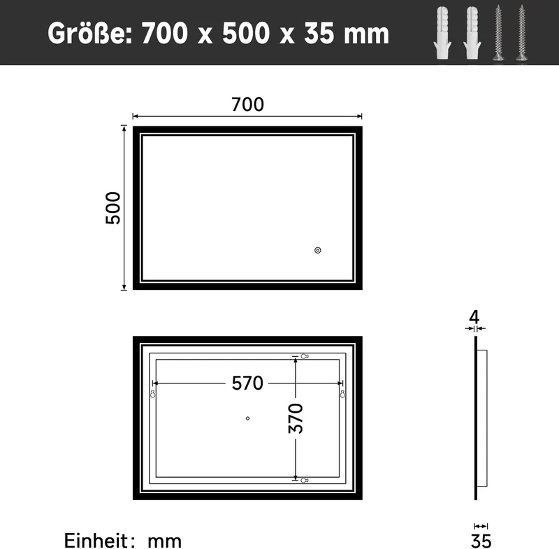SIRHONA miroir de salle de bain 70x50cm avec éclairage antibuée miroir de salle de bain LED avec interrupteur mural