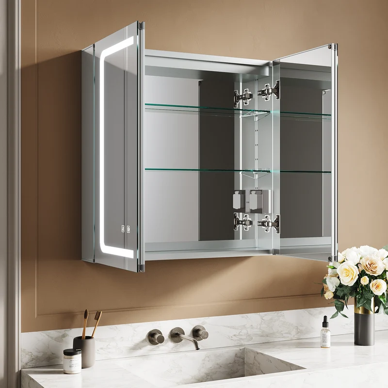 SIRHONA armoire de toilette aluminium LED avec éclairage avec prise tactile anti-buée armoire de toilette miroir de salle de bain 65x65x13.3cm
