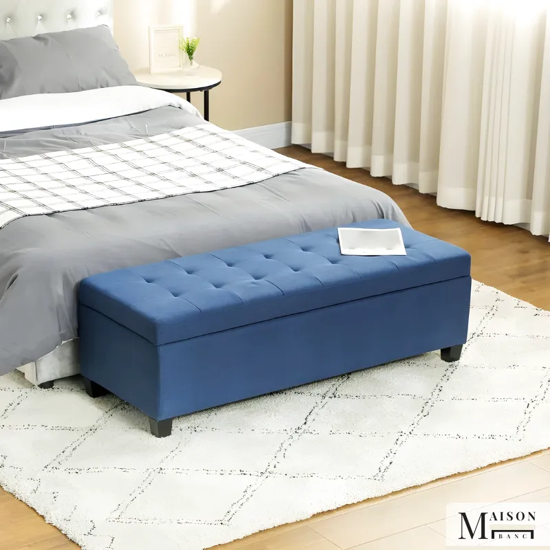 Banc Bout de Lit au Design Nordique | Tissu Effet Lin et Finition Bois Naturel