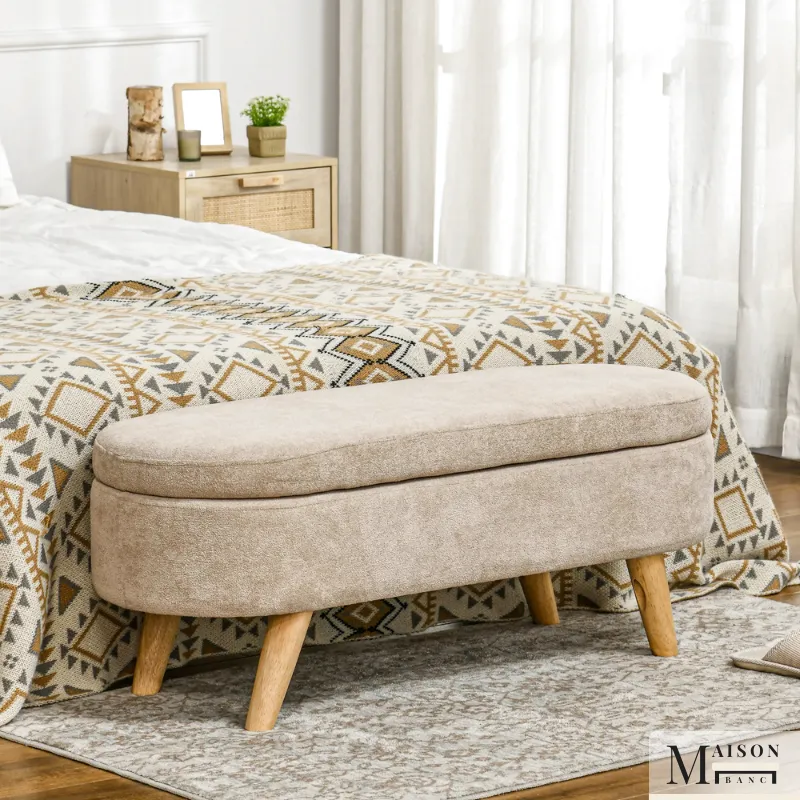 Banc Coffre de Rangement Ovale en Velours Beige | Design Scandinave Élégant
