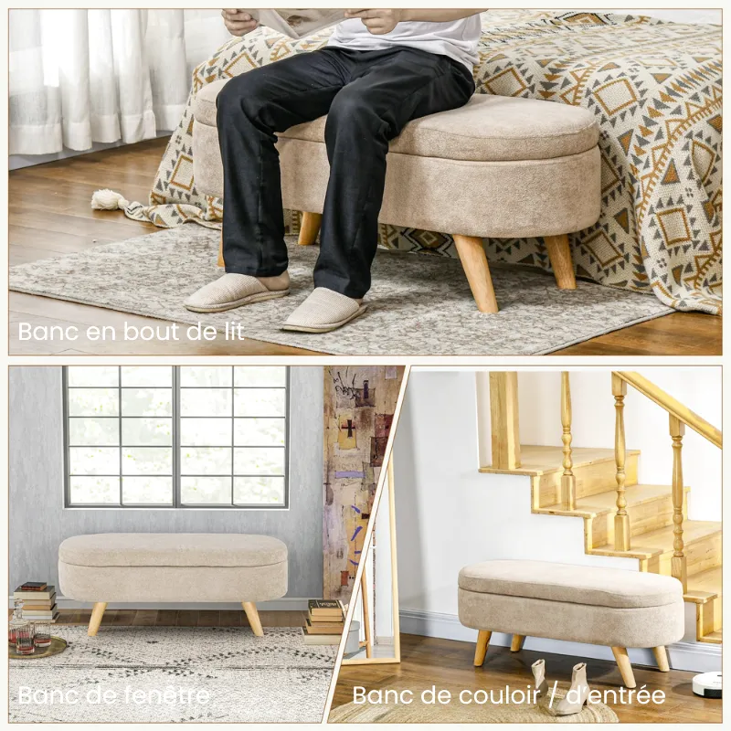 Banc Coffre de Rangement Ovale en Velours Beige | Design Scandinave Élégant