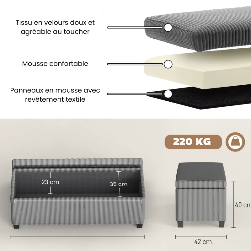 Banc de Rangement avec Coffre en Velours Côtelé | Design Moderne