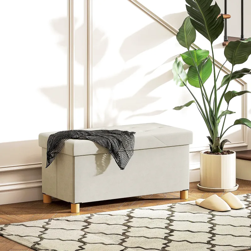 Banc Coffre de Rangement Pliable | Velours Crème et Design Scandinave Élégant