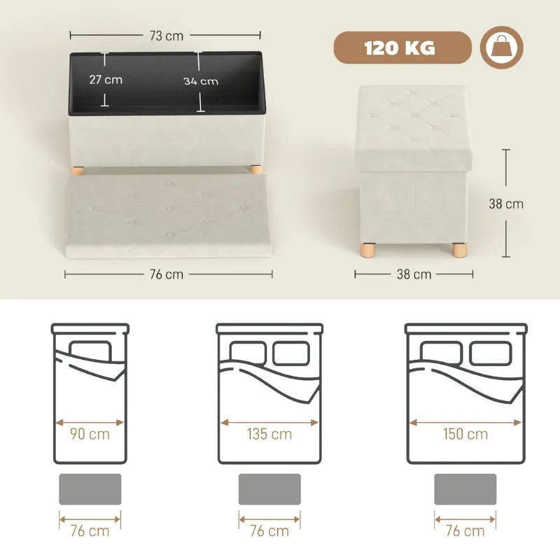 Banc Coffre de Rangement Pliable | Velours Crème et Design Scandinave Élégant