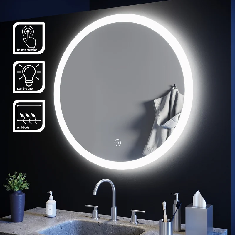 SIRHONA 80cm Miroir de Salle de Bain à LED Rond Anti-buée avec éclairage intégré Blanc Froid Miroir Rond Mural