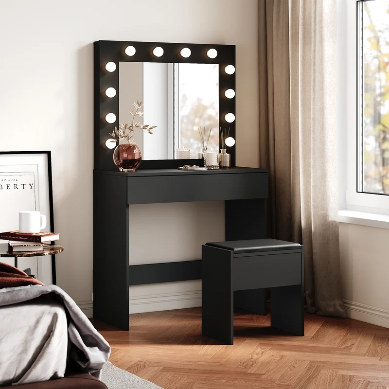 SIRHONA Coiffeuse avec éclairage LED Lumière réglable Grand tiroir Moderne Noir Coiffeuse avec Miroir + Tabouret de Maquillage