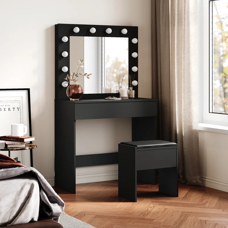 SIRHONA Coiffeuse avec éclairage LED Lumière réglable Grand tiroir Moderne Noir Coiffeuse avec Miroir + Tabouret de Maquillage