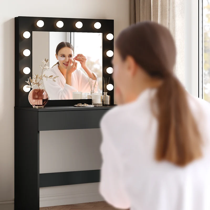 SIRHONA Coiffeuse avec éclairage LED Lumière réglable Grand tiroir Moderne Noir Coiffeuse avec Miroir + Tabouret de Maquillage
