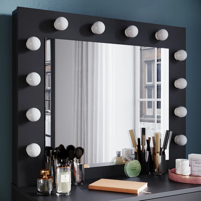 SIRHONA Coiffeuse avec éclairage LED Lumière réglable Grand tiroir Moderne Noir Coiffeuse avec Miroir + Tabouret de Maquillage