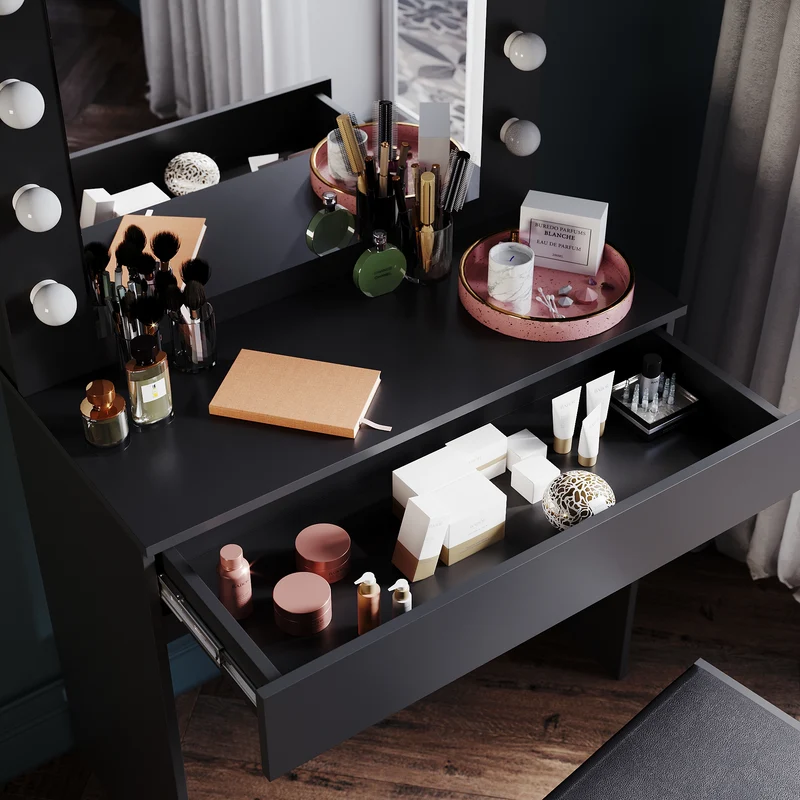 SIRHONA Coiffeuse avec éclairage LED Lumière réglable Grand tiroir Moderne Noir Coiffeuse avec Miroir + Tabouret de Maquillage
