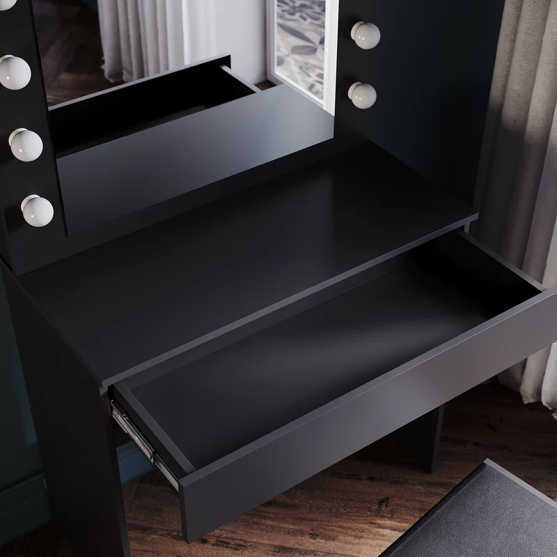 SIRHONA Coiffeuse avec éclairage LED Lumière réglable Grand tiroir Moderne Noir Coiffeuse avec Miroir + Tabouret de Maquillage