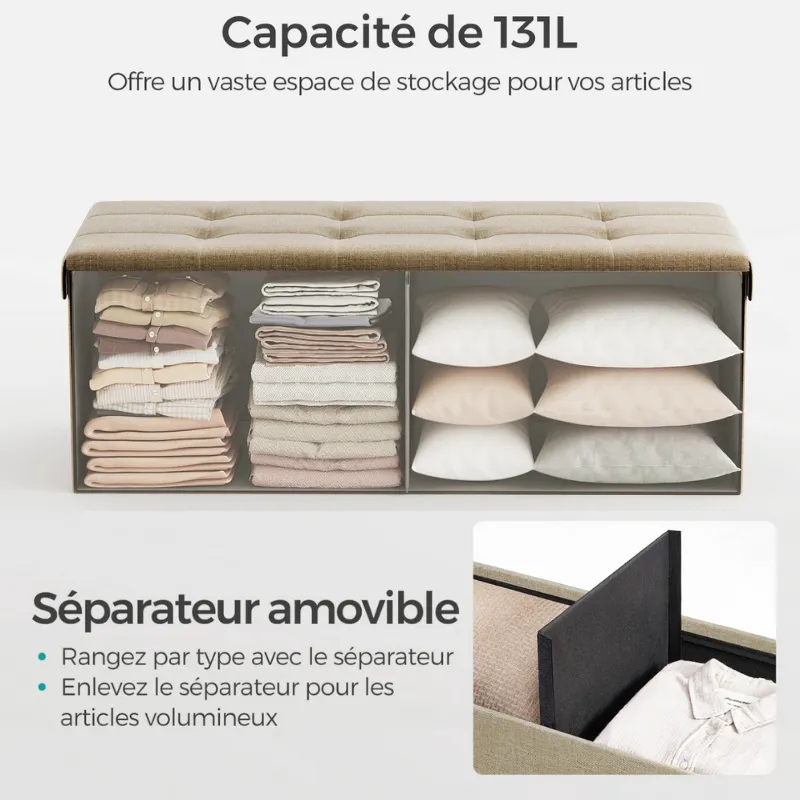 Banc Coffre Pliable en Tissu Lin | Rangement Spacieux et Design Élégant