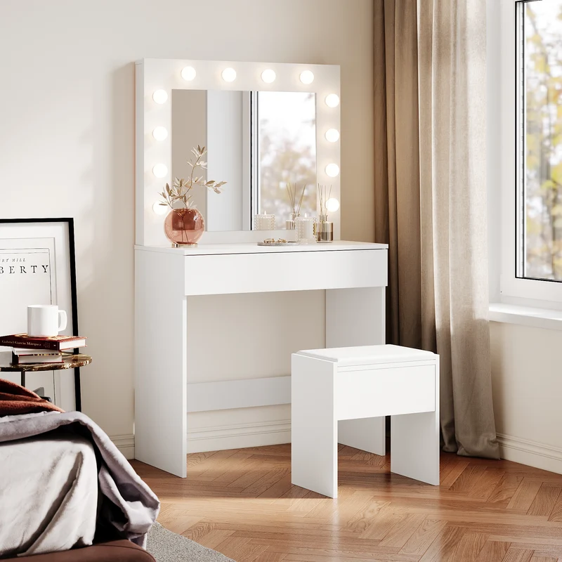 SIRHONA Coiffeuse avec éclairage LED Lumière réglable Grand tiroir Moderne Blanc Coiffeuse avec Miroir + Tabouret de Maquillage