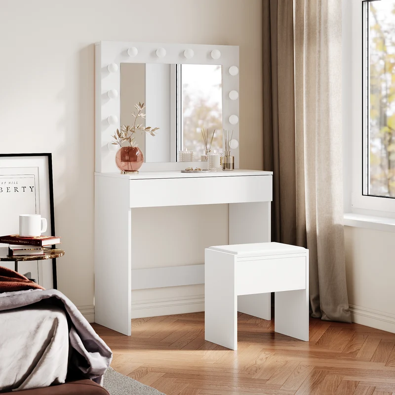 SIRHONA Coiffeuse avec éclairage LED Lumière réglable Grand tiroir Moderne Blanc Coiffeuse avec Miroir + Tabouret de Maquillage