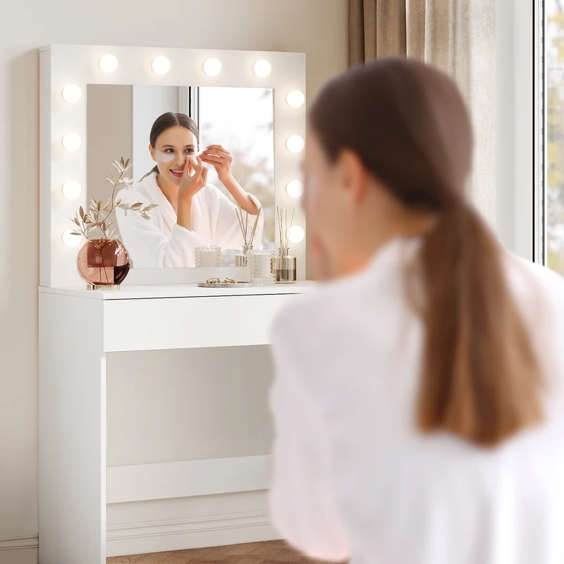 SIRHONA Coiffeuse avec éclairage LED Lumière réglable Grand tiroir Moderne Blanc Coiffeuse avec Miroir + Tabouret de Maquillage