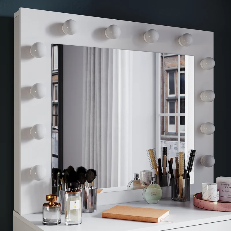 SIRHONA Coiffeuse avec éclairage LED Lumière réglable Grand tiroir Moderne Blanc Coiffeuse avec Miroir + Tabouret de Maquillage