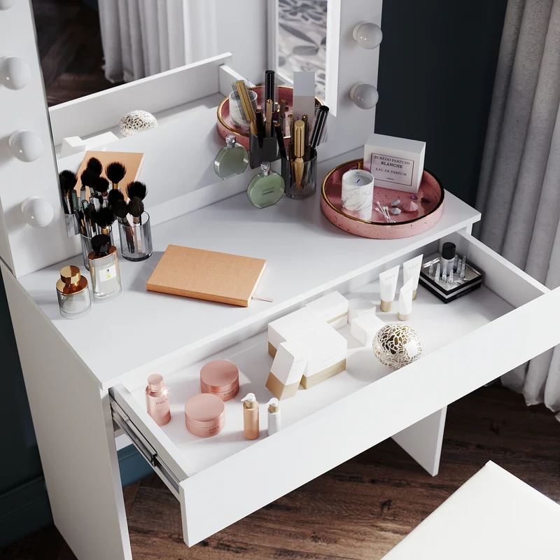 SIRHONA Coiffeuse avec éclairage LED Lumière réglable Grand tiroir Moderne Blanc Coiffeuse avec Miroir + Tabouret de Maquillage