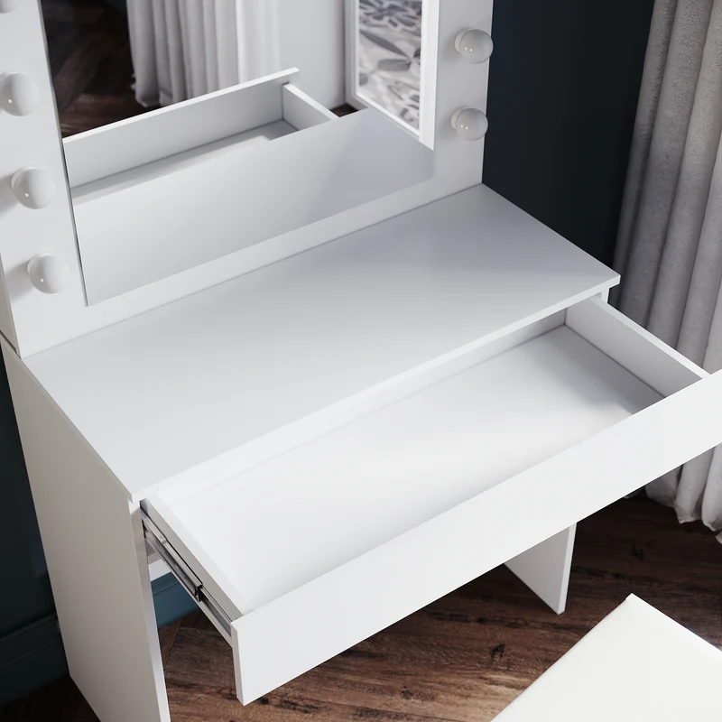SIRHONA Coiffeuse avec éclairage LED Lumière réglable Grand tiroir Moderne Blanc Coiffeuse avec Miroir + Tabouret de Maquillage