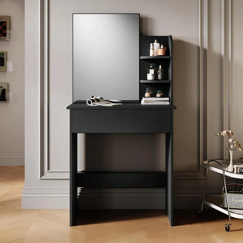 SIRHONA Coiffeuse avec Miroir, Table de maquillage avec 1 tiroir et 3 Compartiments Ouverts, Noir + 10 Ampoules LED (3 couleurs)