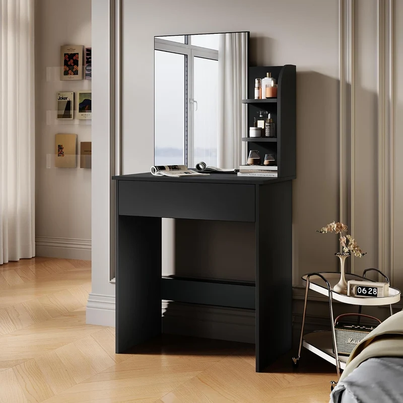 SIRHONA Coiffeuse avec Miroir, Table de maquillage avec 1 tiroir et 3 Compartiments Ouverts, Noir + 10 Ampoules LED (3 couleurs)