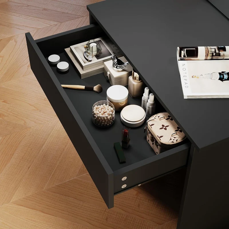 SIRHONA Coiffeuse avec Miroir, Table de maquillage avec 1 tiroir et 3 Compartiments Ouverts, Noir + 10 Ampoules LED (3 couleurs)