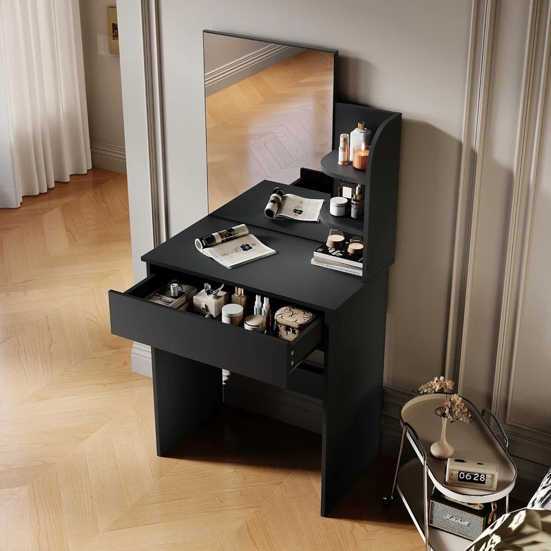 SIRHONA Coiffeuse avec Miroir, Table de maquillage avec 1 tiroir et 3 Compartiments Ouverts, Noir + 10 Ampoules LED (3 couleurs)