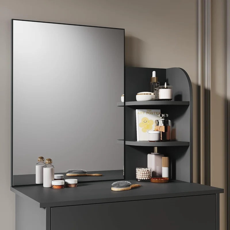 SIRHONA Coiffeuse avec Miroir, Table de maquillage avec 1 tiroir et 3 Compartiments Ouverts, Noir + 10 Ampoules LED (3 couleurs)