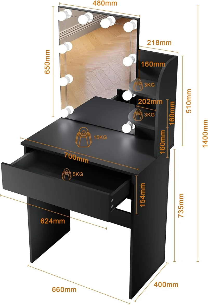 SIRHONA Coiffeuse avec Miroir, Table de maquillage avec 1 tiroir et 3 Compartiments Ouverts, Noir + 10 Ampoules LED (3 couleurs)