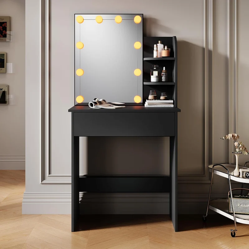 SIRHONA Coiffeuse avec Miroir, Table de maquillage avec 1 tiroir et 3 Compartiments Ouverts, Noir + 10 Ampoules LED (3 couleurs)