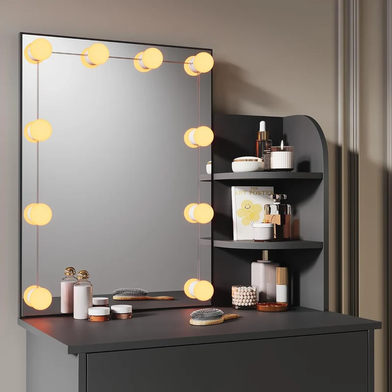 SIRHONA Coiffeuse avec Miroir, Table de maquillage avec 1 tiroir et 3 Compartiments Ouverts, Noir + 10 Ampoules LED (3 couleurs)