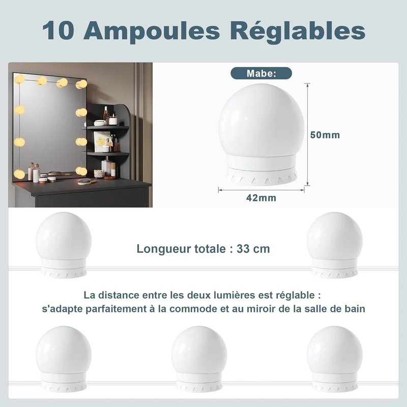 SIRHONA Coiffeuse avec Miroir, Table de maquillage avec 1 tiroir et 3 Compartiments Ouverts, Noir + 10 Ampoules LED (3 couleurs)
