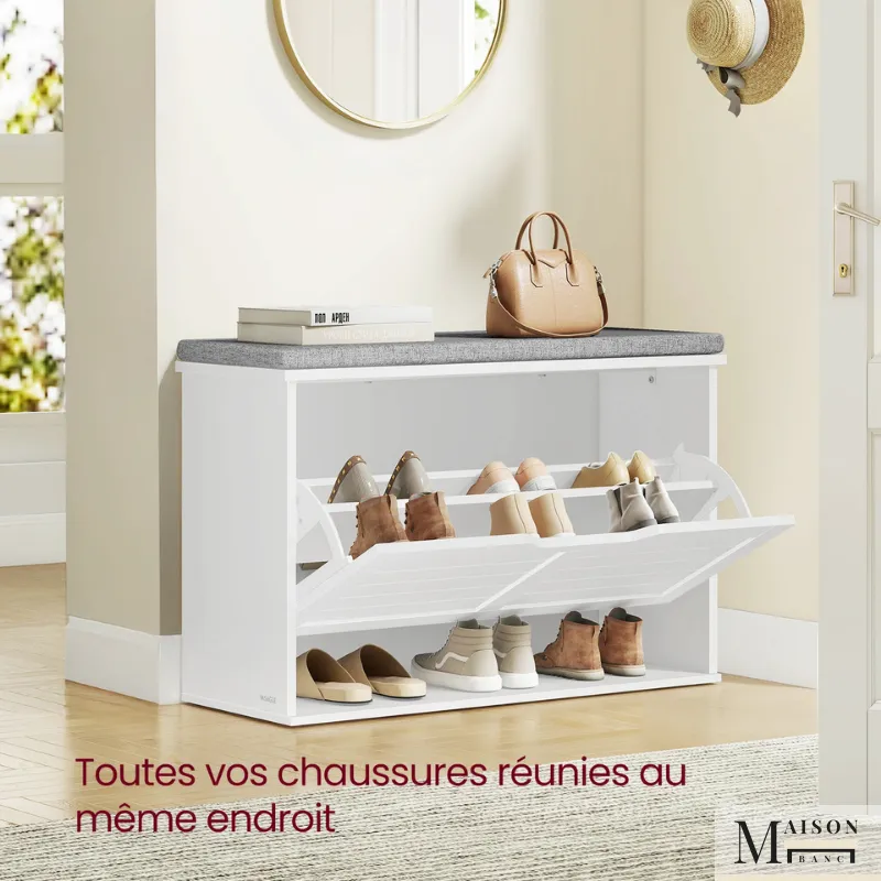 Banc d'Entrée Design Scandinave | Assise Rembourrée et Rangement 3 Niveaux