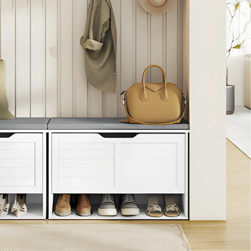 Banc d'Entrée Design Scandinave | Assise Rembourrée et Rangement 3 Niveaux