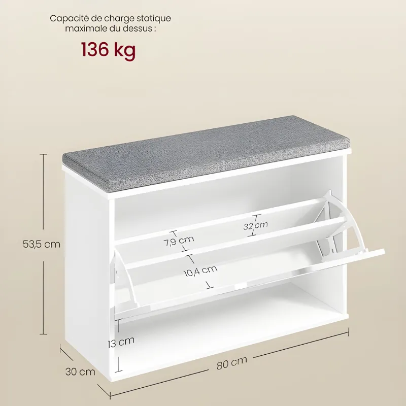Banc d'Entrée Design Scandinave | Assise Rembourrée et Rangement 3 Niveaux