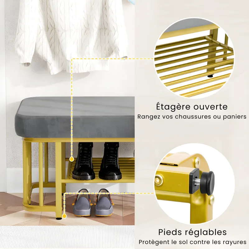 Banc à Chaussures Gris | Assise Velours Confortable et Design Moderne