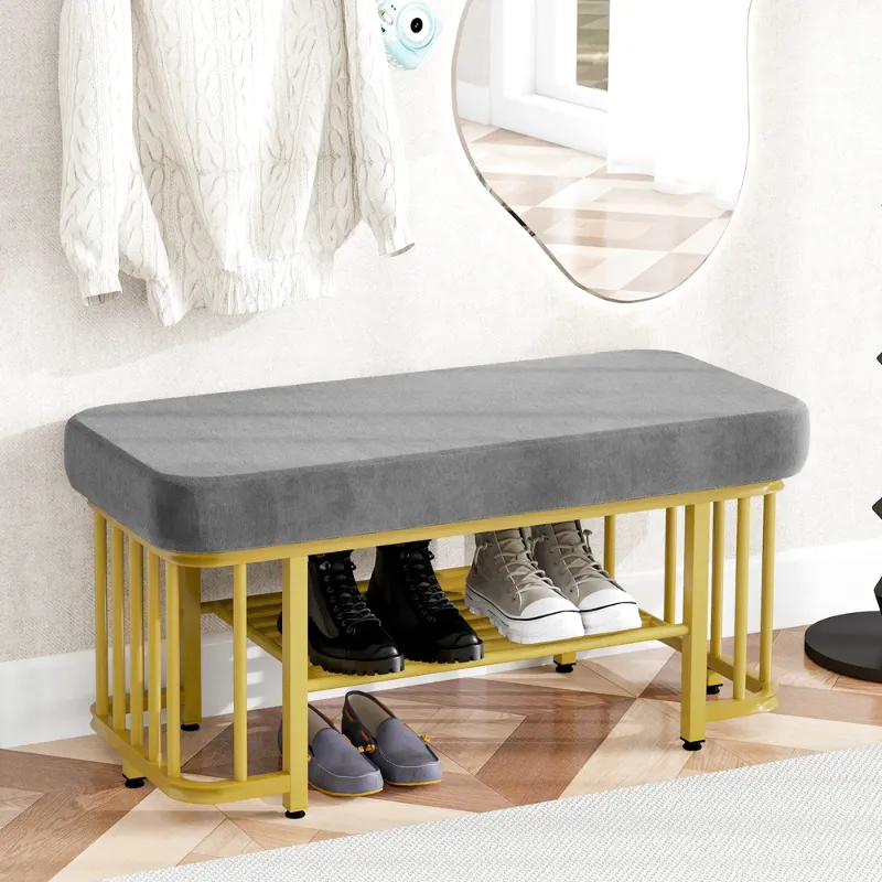 Banc à Chaussures Gris | Assise Velours Confortable et Design Moderne