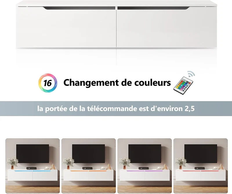SIRHONA Meuble TV éclairage LED 16 couleurs réglables, plateau TV brillant