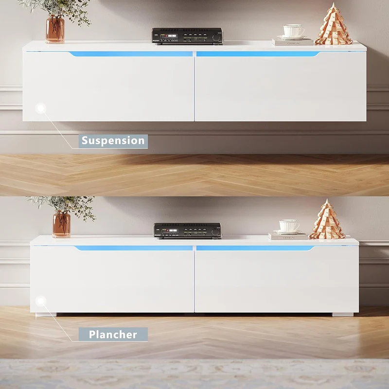 SIRHONA Meuble TV éclairage LED 16 couleurs réglables, plateau TV brillant