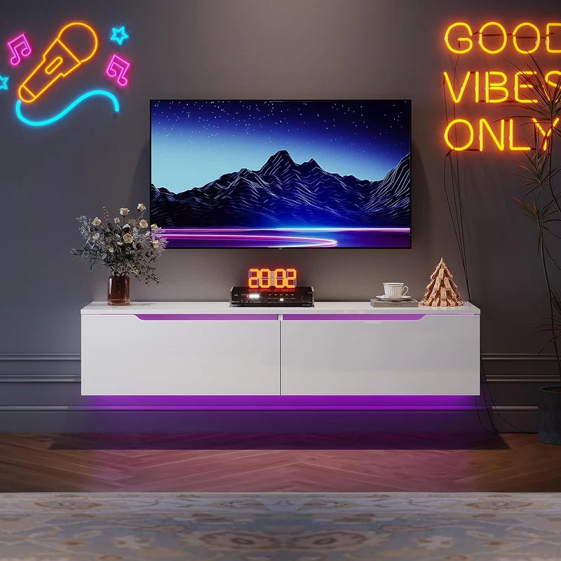 SIRHONA Meuble TV éclairage LED 16 couleurs réglables, plateau TV brillant