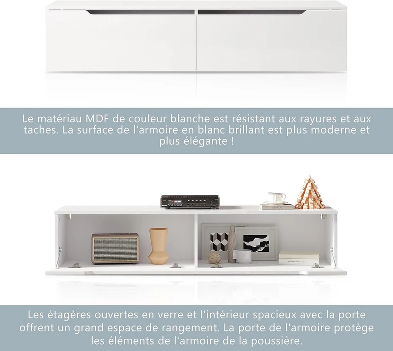 SIRHONA Meuble TV éclairage LED 16 couleurs réglables, plateau TV brillant