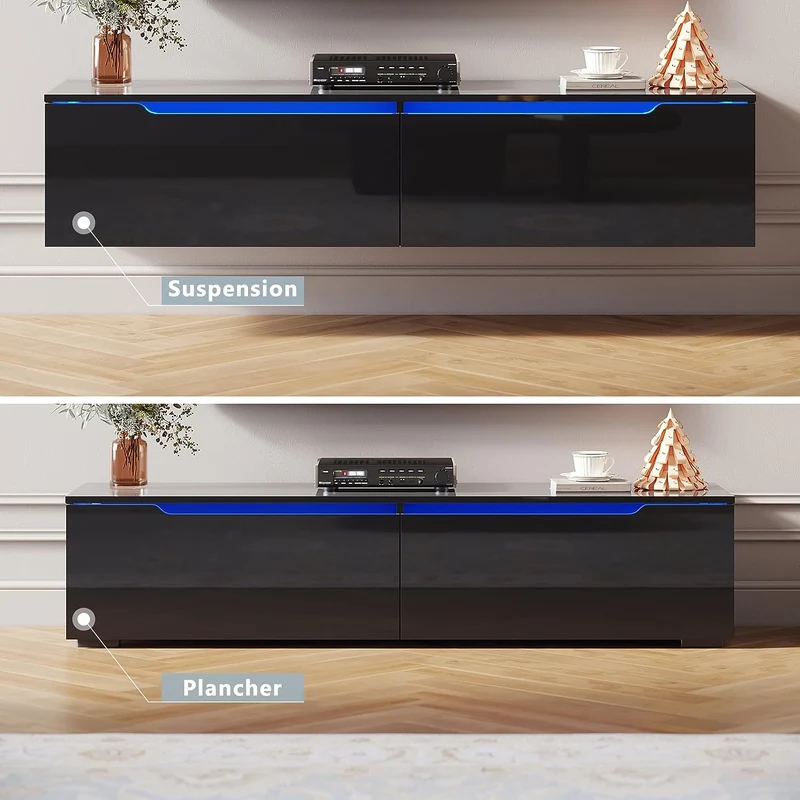 SIRHONA Meuble TV éclairage LED 16 couleurs réglables, plateau TV brillant