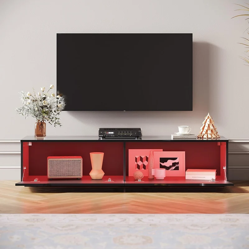 SIRHONA Meuble TV éclairage LED 16 couleurs réglables, plateau TV brillant