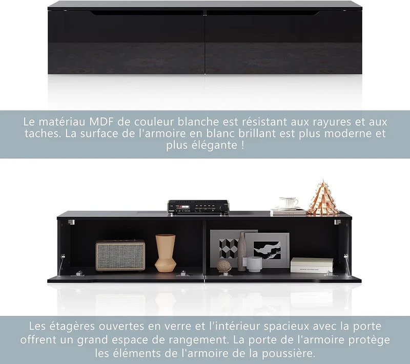 SIRHONA Meuble TV éclairage LED 16 couleurs réglables, plateau TV brillant