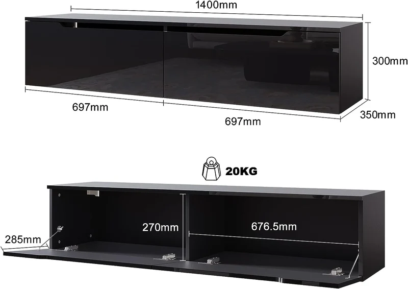 SIRHONA Meuble TV éclairage LED 16 couleurs réglables, plateau TV brillant