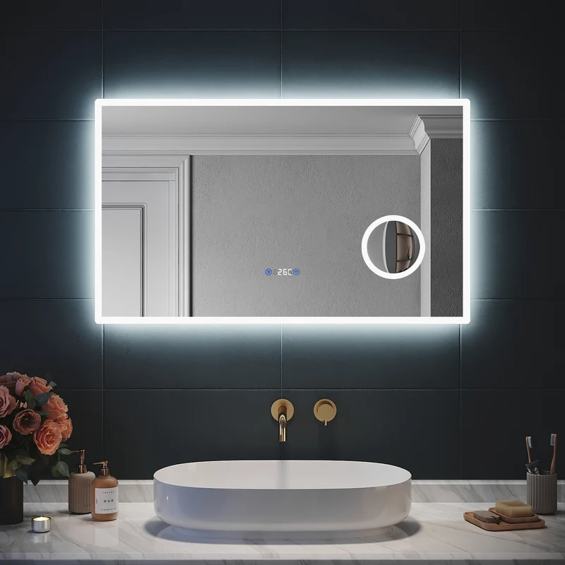 SIRHONA 3X loupe Miroir LED Salle de Bain avec éclairage, Miroir avec Horloge Numérique, Miroir Lumineux Salle de Bain Anti-Buée, 80/100x60cm