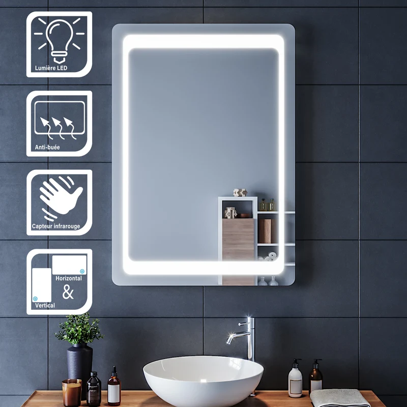 SIRHONA Miroir LED Salle de Bains avec éclairage LED Miroir Muraux AVCE Anti-buée Fonction Cosmétiques Mural Lumière Illumination